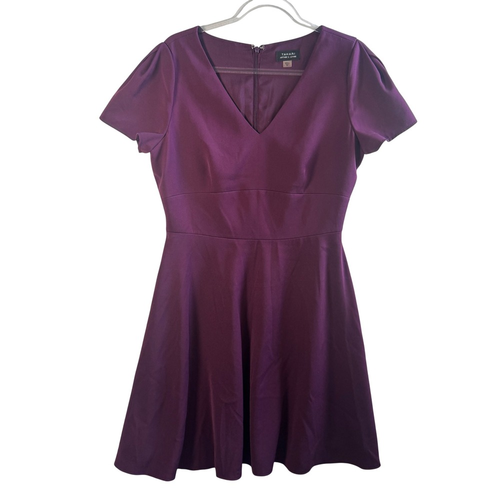 Tahari Arthur S. Levine Dress Fit Flare V-Neck Puff Sleeve Plum Purple Size 10‎